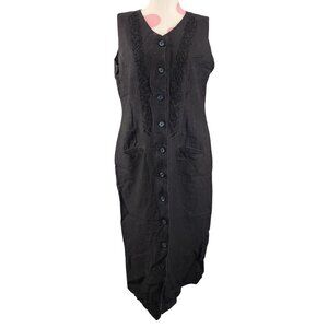 Vintage Women's Jennifer Eden Black Linen Blend Embroidered Dress 11/12 Button